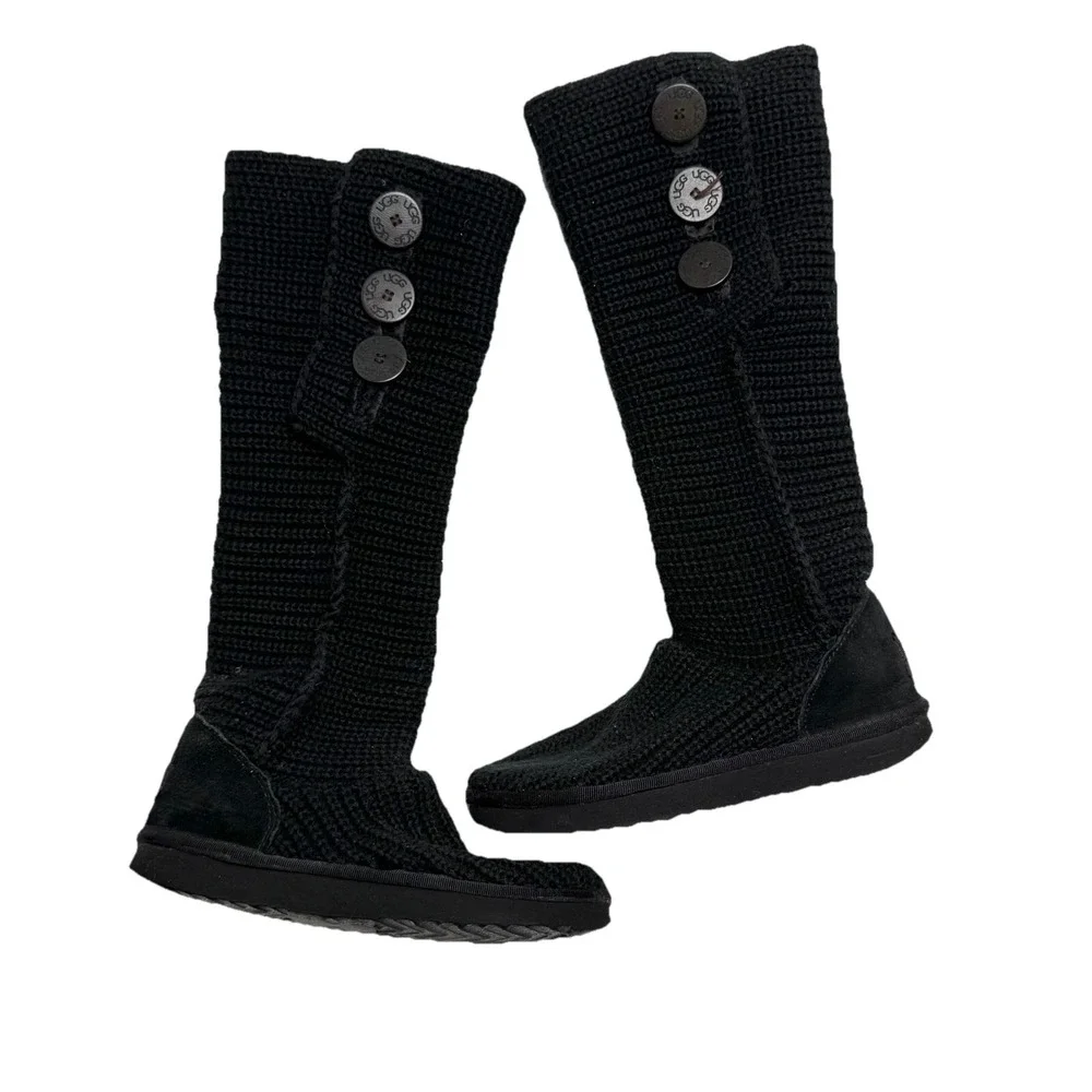 UGG Cardy Black Talk Knit Boots Women's size 7 Classic Three Buttons‎ Flaw 5819